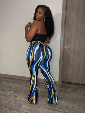 Women’s XL High Waisted Flare Pants – Blue Yellow Striped Stretch Bell Bottoms